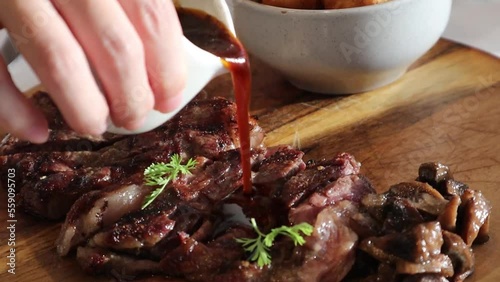 Beef Sirloin Slices Pouring Sauce