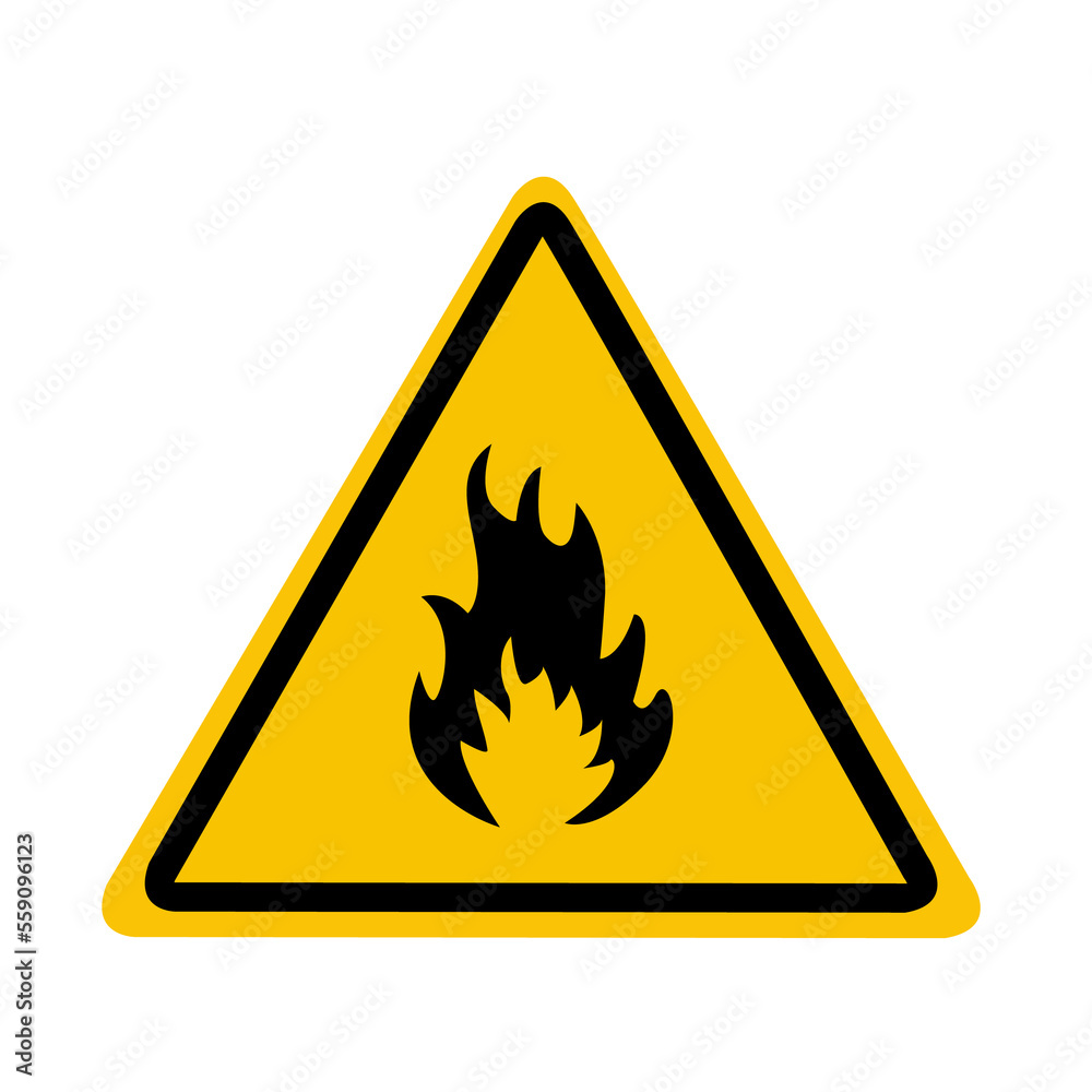 Flammable substances sign. Yellow triangle with flame inside. Caution and warning. Flammable substances sign. Yellow triangle with flame inside. Caution and warning.