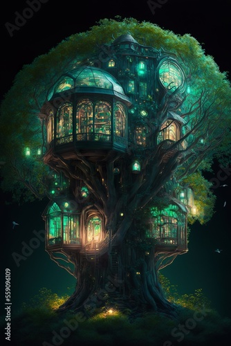 Futuristic glowing glass treehouse in a forest with glass dome