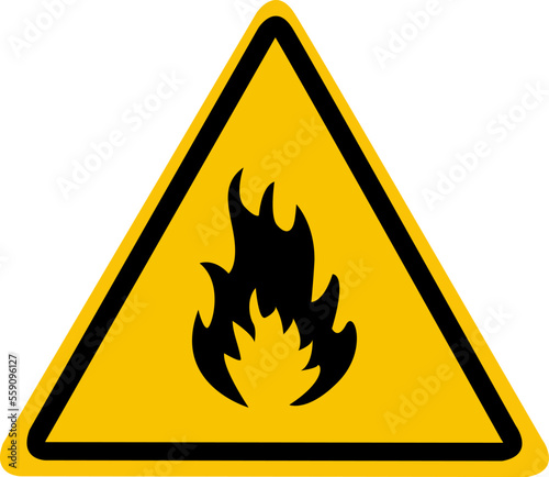 Flammable substances sign. Yellow triangle with flame inside. Caution and warning.