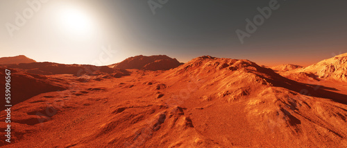 Fototapeta Naklejka Na Ścianę i Meble -  Mars landscape, 3d render of imaginary mars planet terrain