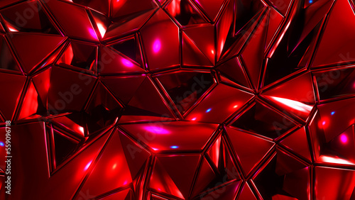 Abstract red mosaic background, shiny metal polygons, triangle shapes metallic wallpaper design, 3D render illustration.