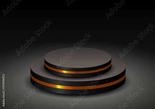 Empty podium or pedestal display scene on black background with cylinder stand, Blank minimal product shelf standing backdrop