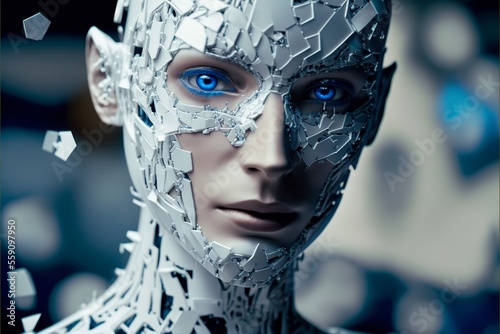Halbfertiger Cyborg Roboter in menschlicher Bauweise. AI generativ photo