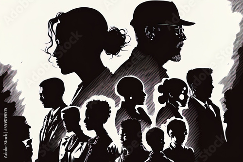 multicultural and multiethnic society and people. group of families. Diverse individuals in a group silhouetted from the side. Crowd. connecting and communicating with others from diverse cultures photo