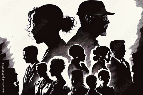 multicultural and multiethnic society and people. group of families. Diverse individuals in a group silhouetted from the side. Crowd. connecting and communicating with others from diverse cultures