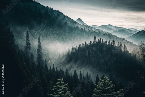 fir forest and misty Carpathian mountains with tree tops poking through the mist. Generative AI