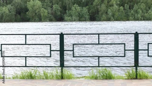 Sunny landscape. Silhouettes of many green trees growing outside on shores of peaceful river, blue sparkling sunny water, iron fence in the foreground. Abstract natural video background.