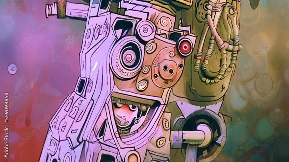 Generative AI animation of blueprint sketch of cartoon robots. Abstract background of comic mechanicals parts.