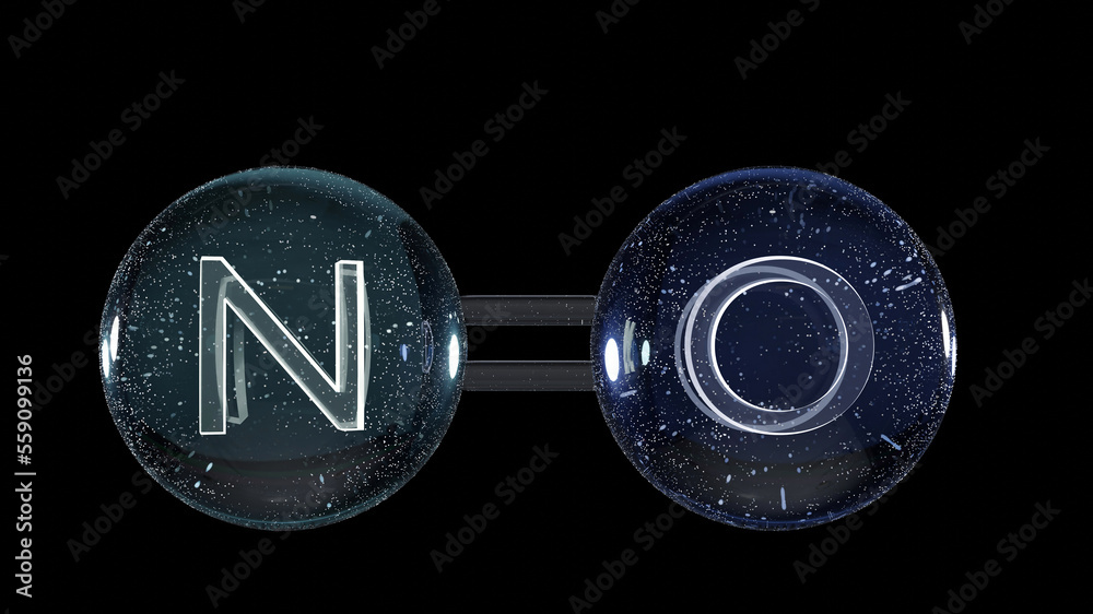 Nitric Oxide, NO, molecule model, chemical formula. Nitrogen oxide
