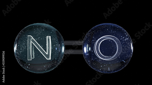 Nitric Oxide, NO, molecule model,  chemical formula. Nitrogen oxide, nitrogen monoxide or Oxidonitrogen. Ball-and-stick, nitric oxygen monoxide structural formula, nitrous azote and oxygen, 3d render photo