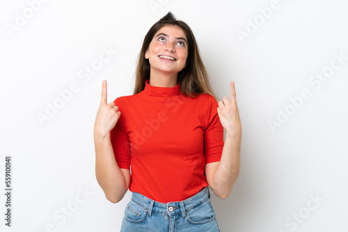 Young caucasian woman isolated on white background pointing up a great idea