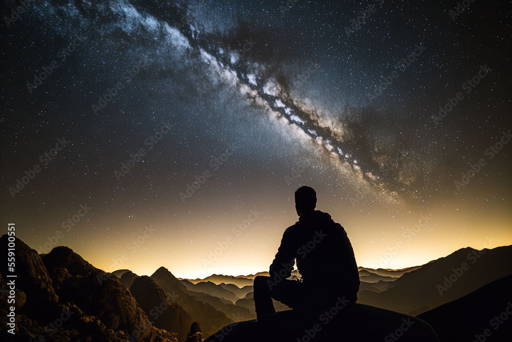 Landscape with the Milky Way, stars, and the silhouette of a seated athletic guy. Generative AI