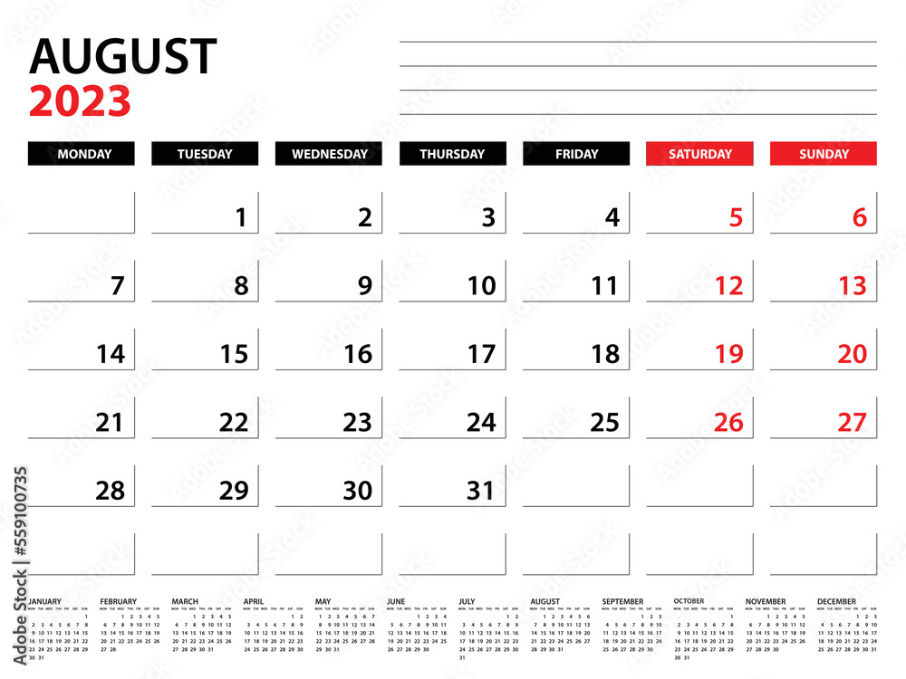 August 2023 year planner template, calendar 2023 template, monthly and
