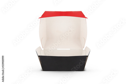 Blank open red and black craft burger box isolated on white background
