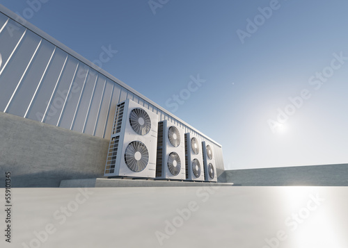 3d rendering of condenser unit or compressor on rooftop of industrial plant, factory. Unit of ac or air conditioner, hvac or heating ventilation and air conditioning system. Motor, pump and fan inside