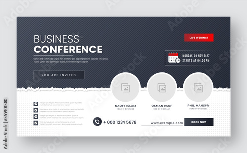 Business webinar invitation design. Webinar and business conference social media banner template. Online live webinar banner invitation template. Business conference flyer. Annual business conference 