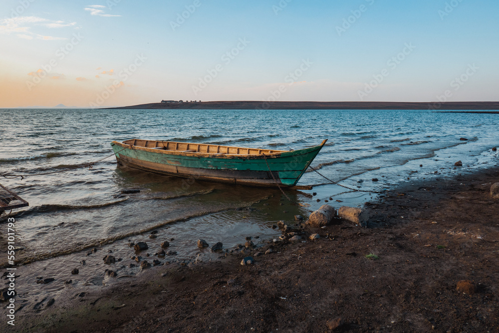 A fishing boat at the shores of Lake Turkana in Kenya