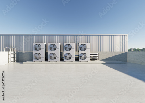 3d rendering of condenser unit or compressor on rooftop of industrial plant, factory. Unit of ac or air conditioner, hvac or heating ventilation and air conditioning system. Motor, pump and fan inside