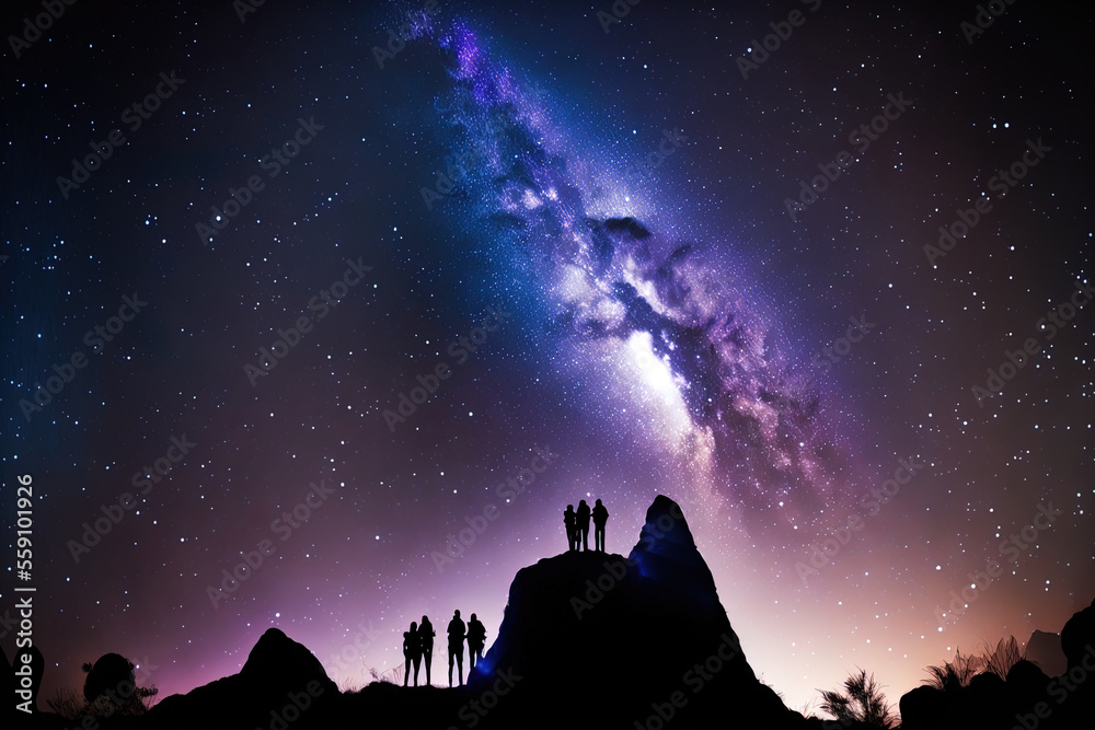 A silhouette of cheerful individuals standing atop doi luang chiang dao in the Milky Way night sky with stars. Generative AI