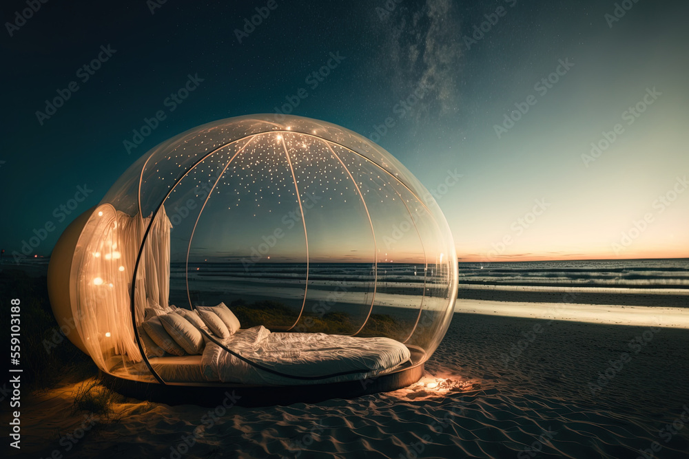 a nighttime transparent bubble tent while camping. Generative AI