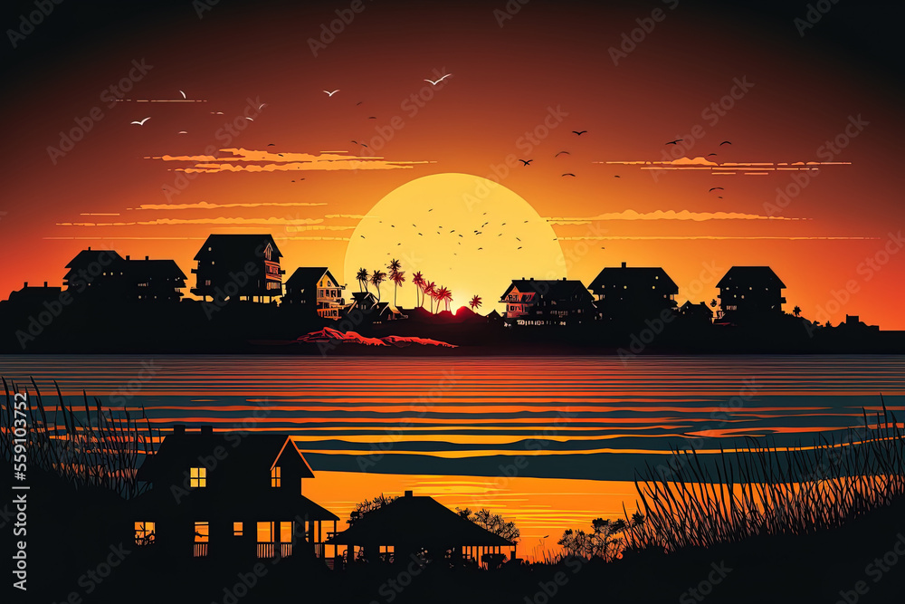 Obraz premium Overlooking a seaside town at sunset are house silhouettes. Generative AI