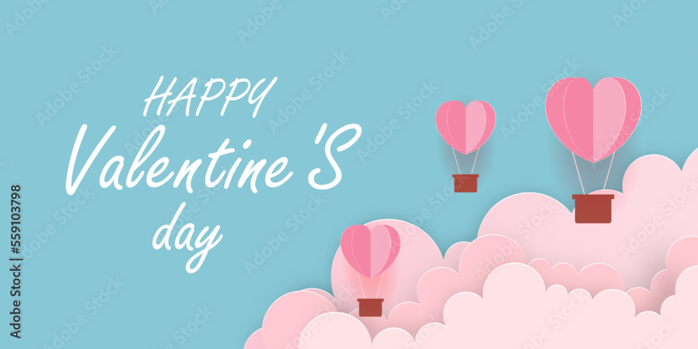 illustration of love and valentine day with heart baloon ,floating in cloud Paper cut style. Vector