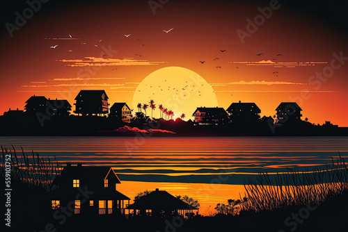 Wallpaper Mural Overlooking a seaside town at sunset are house silhouettes. Generative AI Torontodigital.ca
