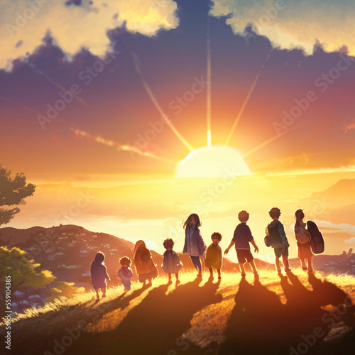 Happy family on a hill looking at the sun. High quality illustration