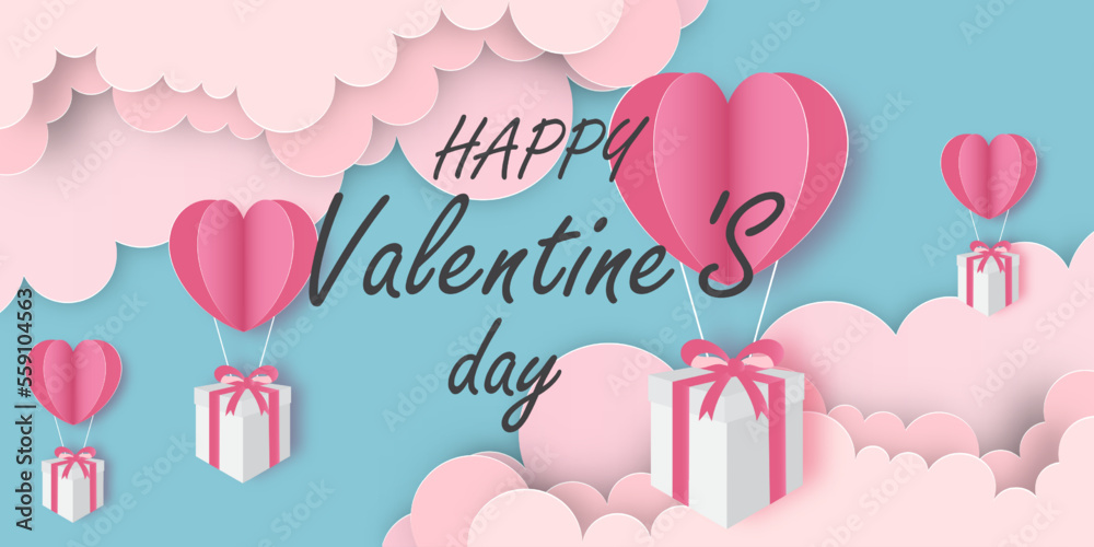 Happy Valentine's Day Gift boxes with heart balloon floating in cloud .banner, wallpaper, Poster, ,paper cut style. Vector illustration.