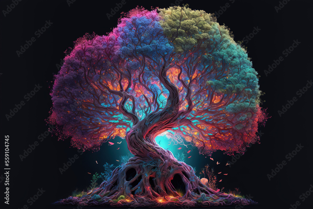 Obraz premium Magical fantasy tree with colorful leaves, Generative AI