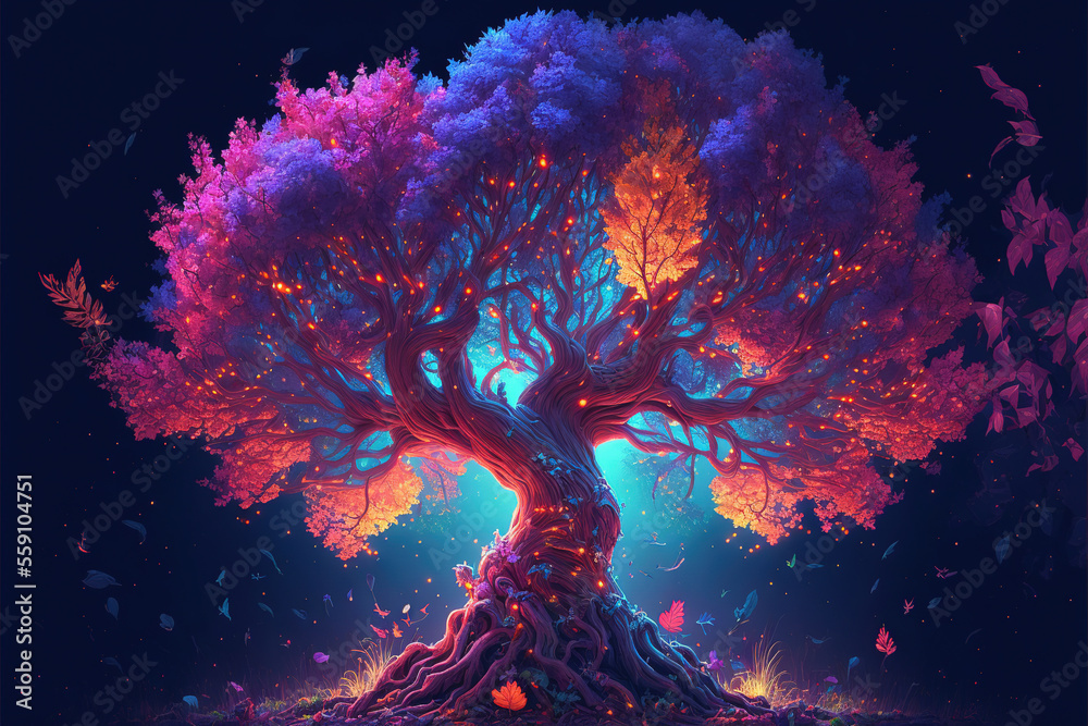 Naklejka premium Magical fantasy tree with colorful leaves, Generative AI