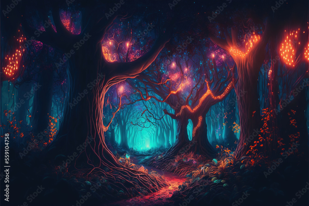 Fantasy magical forest with beautiful lights, Generative AI
