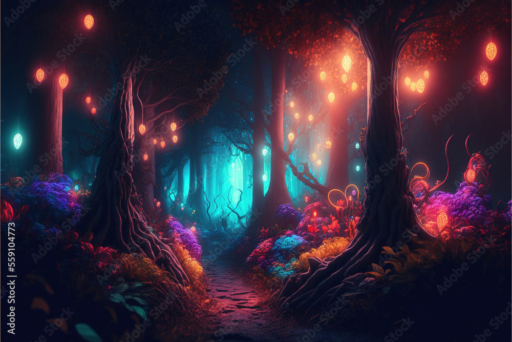 Obraz premium Fantasy magical forest with colorful lights , Generative AI