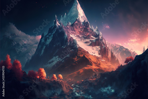 Majestic fantasy mountain covered with snow, sunrise, Generative AI