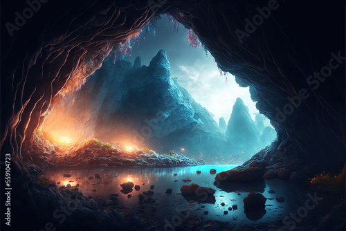 Magical fantasy cave with a beautiful view of mountains and a lake, Generative AI