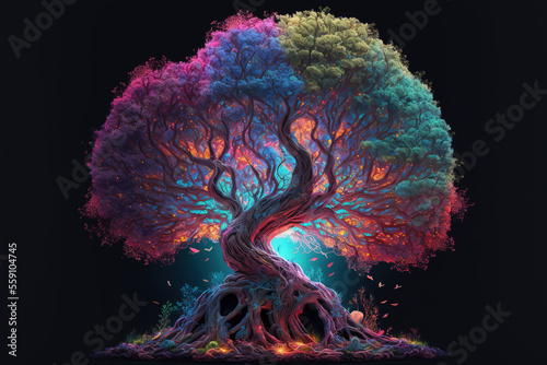 Magical fantasy tree with colorful leaves, Generative AI