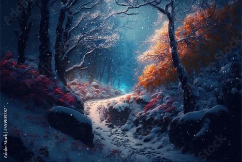 Colorful fantasy landscape covered with snow, Generative AI