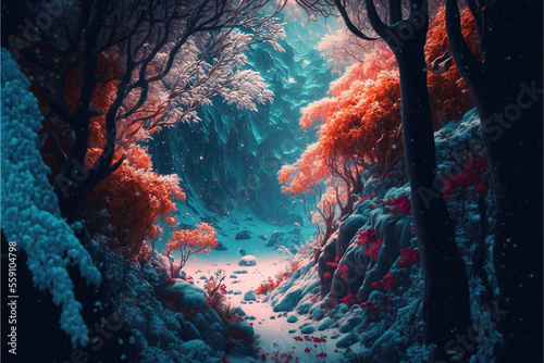 Magical colorful forest covered with snow, Generative AI