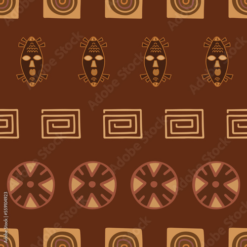 Ethnic Seamless Pattern with African style elements lined up. Vector Hand Drawn Tribal Background.
