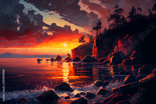 Sunset on a rocky shore, ocean - generative ai