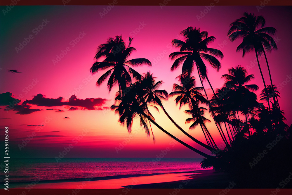Beautiful colorful sunset on tropical ocean beach with coconut palm trees silhouettes - generative ai