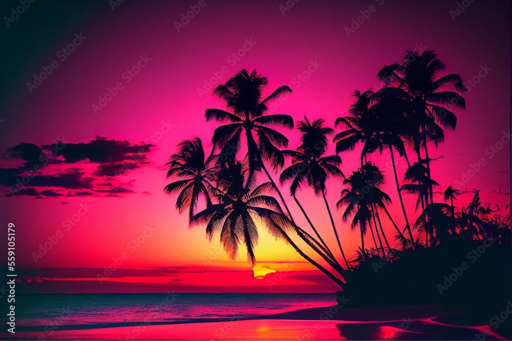 Beautiful colorful sunset on tropical ocean beach with coconut palm trees silhouettes - generative ai
