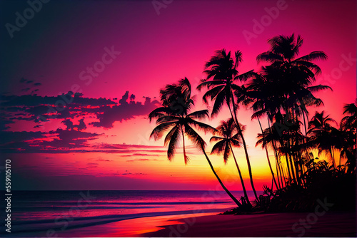 Beautiful colorful sunset on tropical ocean beach with coconut palm trees silhouettes - generative ai © Infinite Shoreline
