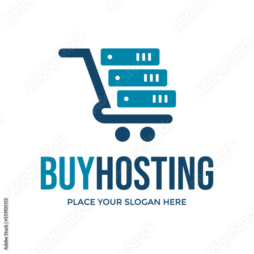 Buy hosting vector logo template. This design use cart symbol and blue color. Suitable for marketing, storage,and business.