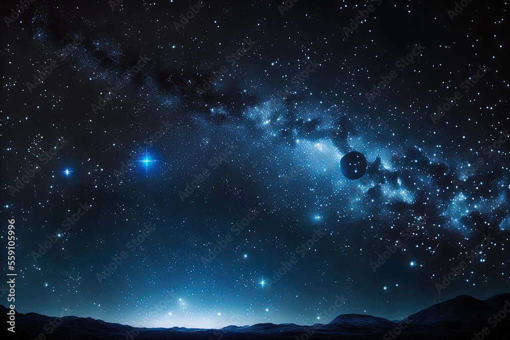 Naklejka premium dark blue night with stars Starry sky with flares and the moon and nebula in the universe cosmic milky way. Generative AI