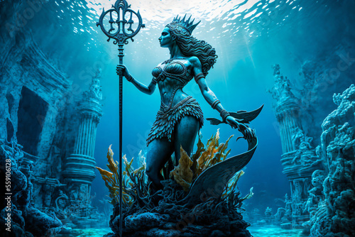 Fototapeta atlantis underwater scene, the magic ocean lady, beautiful young woman with long