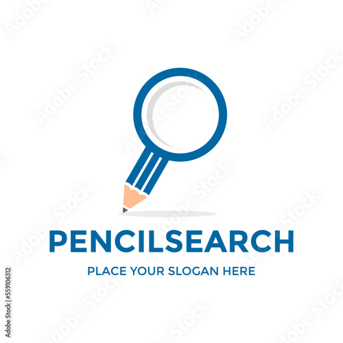Pencil searching vector logo template. This design use magnifying glass and pencil symbol. Suitable for business, searching.