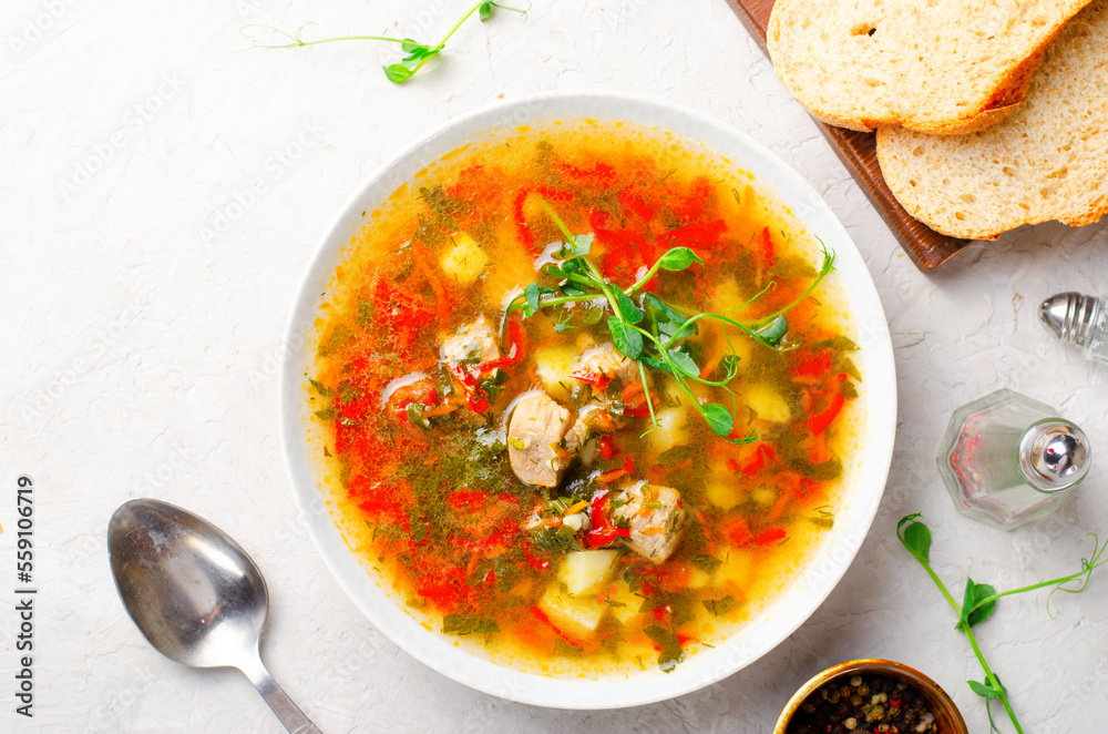 Homemade Soup with Meat and Vegeatbles, Turkey Soup in a Bowl, Comfort Food Homemade Soup with Meat and Vegeatbles, Turkey Soup in a Bowl, Comfort Food