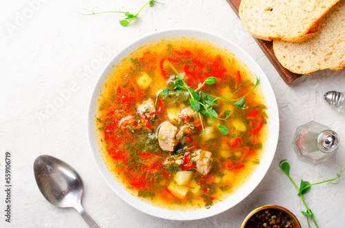 Homemade Soup with Meat and Vegeatbles, Turkey Soup in a Bowl, Comfort Food